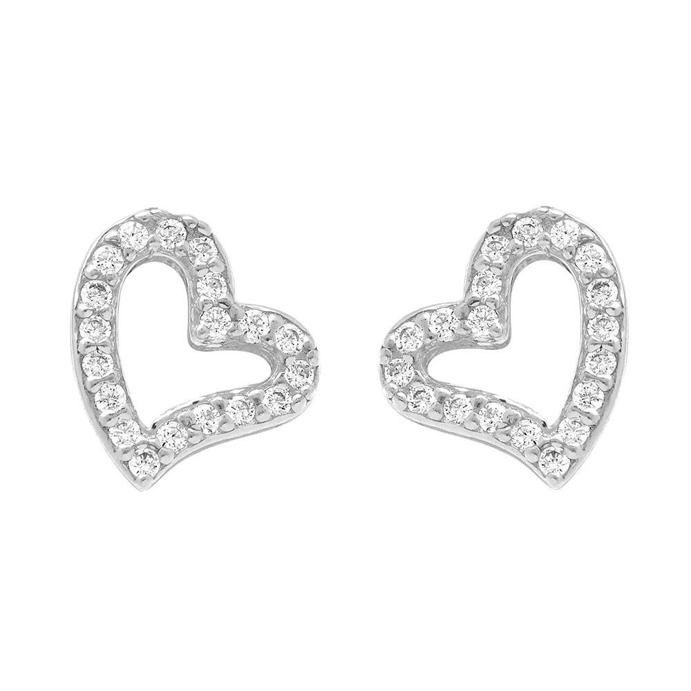 Boucles d\'oreille tige en argent rhodi� forme coeur avec oxydes blancs sertis - Vue 1