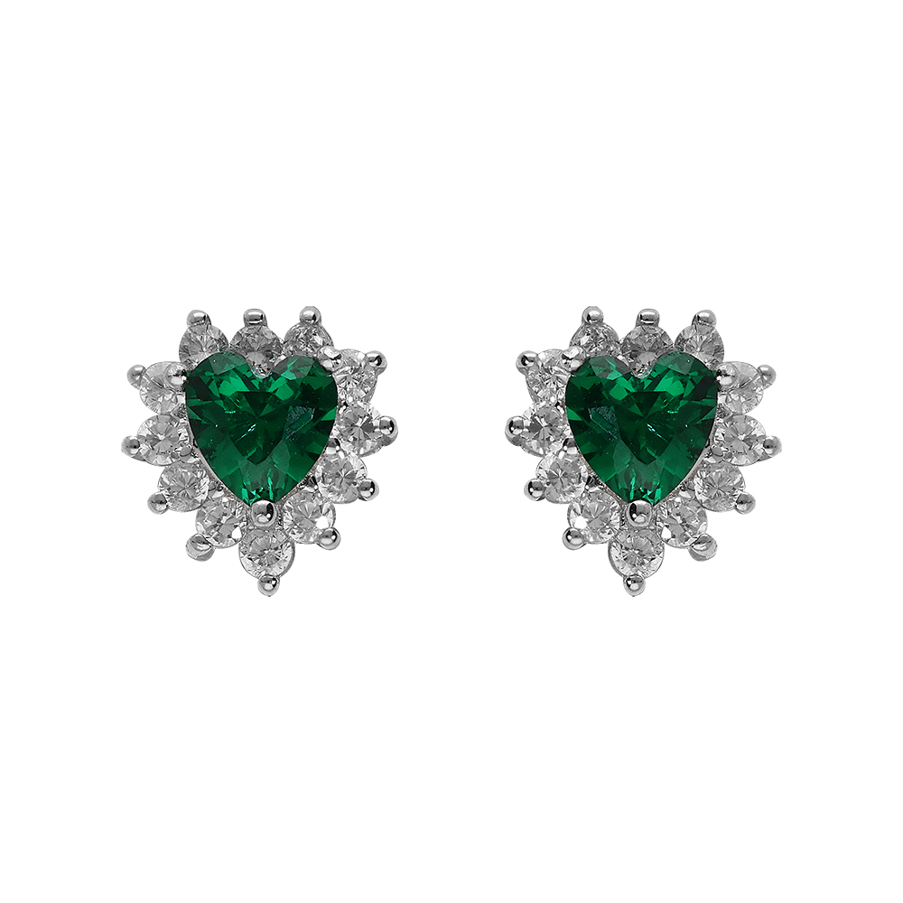Boucles d\'oreille tige en argent rhodi� forme coeur oxyde vert et contour oxydes blancs - Vue 1