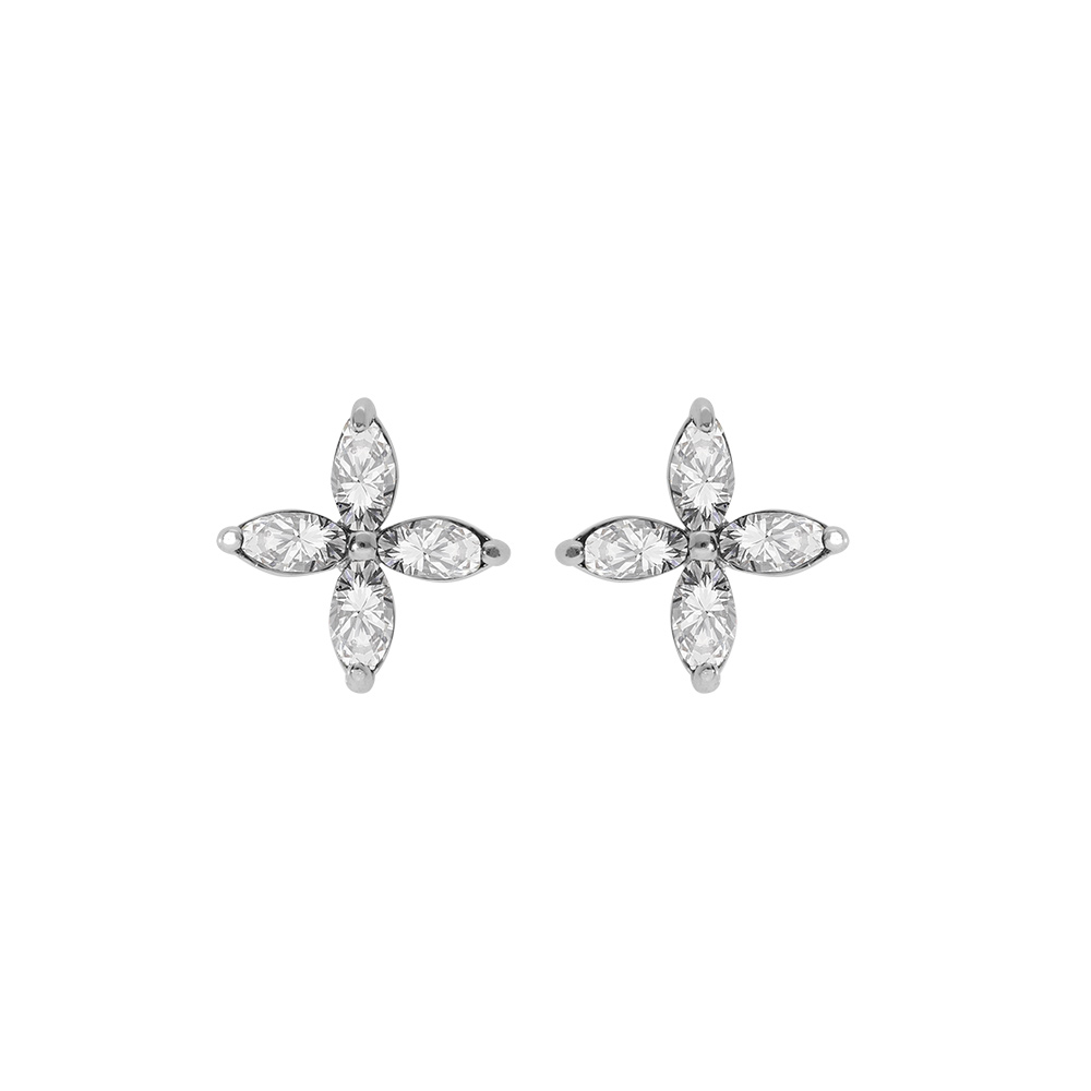 Boucles d\'oreille tige en argent rhodi� forme fleur avec oxydes blancs serti - Vue 1