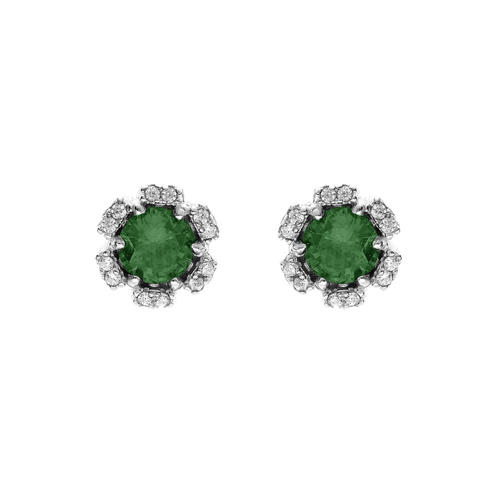 Boucles d\'oreille tige en argent rhodi� forme fleur avec oxydes vert fonc� et blancs sertis - Vue 1