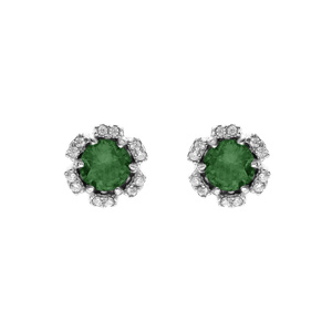 Boucles d\'oreille tige en argent rhodi forme fleur avec oxydes vert fonc et blancs sertis - Vue 1