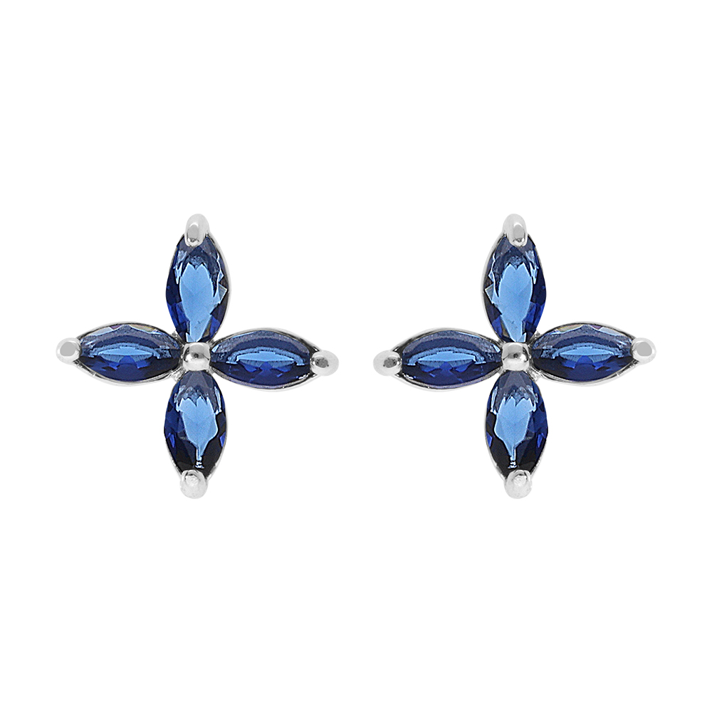 Boucles d\'oreille tige en argent rhodi forme fleur verre bleu fonc - Vue 1