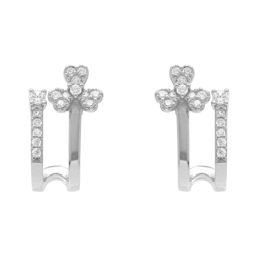 Boucles d\'oreille tige en argent rhodi forme gomtrique avec fleur d\'oxydes blancs sertis - Vue 1