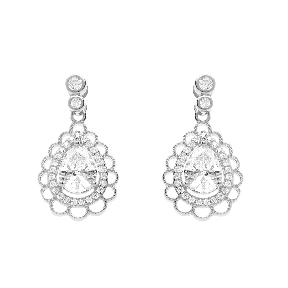 Boucles d\'oreille tige en argent rhodi� forme goutte avec oxydes blancs sertis contour dentell� - Vue 1