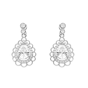 Boucles d'oreille tige en argent rhodi forme goutte avec oxydes blancs sertis contour dentell
