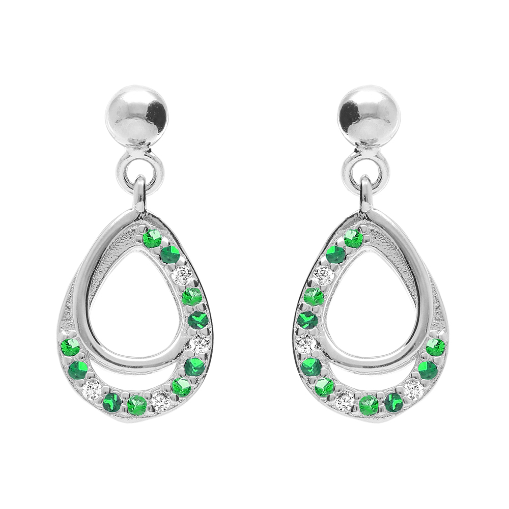 Boucles d\'oreille tige en argent rhodi� forme goutte avec oxydes verts et blancs sertis - Vue 1