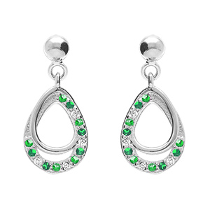 Boucles d'oreille tige en argent rhodi forme goutte avec oxydes verts et blancs sertis
