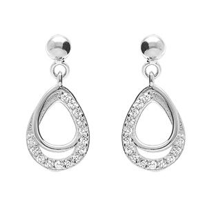 Boucles d'oreille tige en argent rhodi forme goutte pare d'oxydes blancs sertis