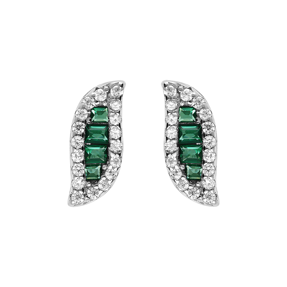 Boucles d\'oreille tige en argent rhodi� forme navette oxyde centrale vert et contour oxydes blancs sertis - Vue 1