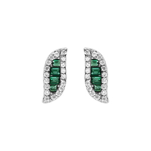 Boucles d\'oreille tige en argent rhodié forme navette oxyde centrale vert et contour oxydes blancs sertis - Vue 1