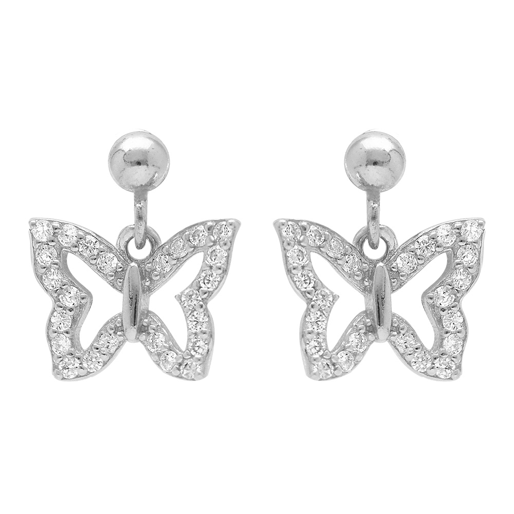 Boucles d\'oreille tige en argent rhodi� forme papillons entour� d\'oxydes blancs sertis - Vue 1
