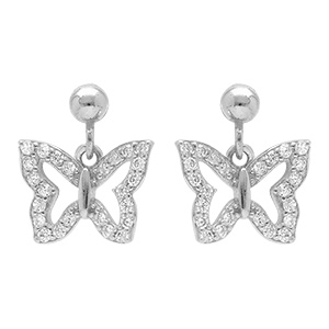 Boucles d'oreille tige en argent rhodi� forme papillons entour� d'oxydes blancs sertis