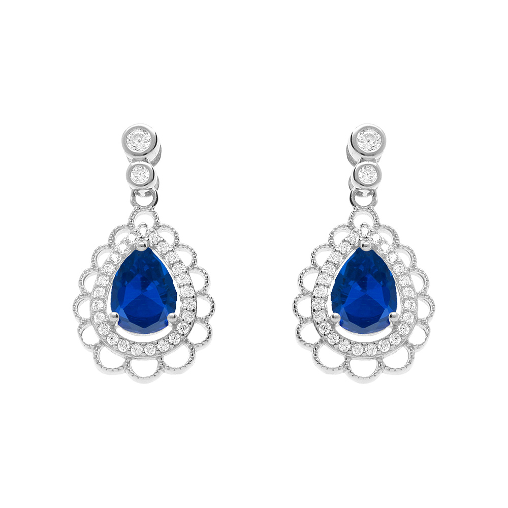 Boucles d\'oreille tige en argent rhodi� goutte bleue et halo d\'oxydes - Vue 1