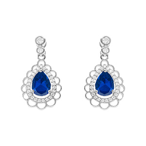 Boucles d'oreille tige en argent rhodi� goutte bleue et halo d'oxydes