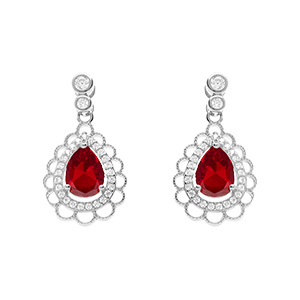 Boucles d'oreille tige en argent rhodi� goutte rouge et halo d'oxydes
