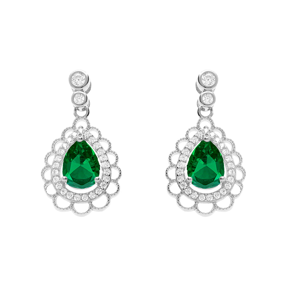 Boucles d\'oreille tige en argent rhodi� goutte verte et halo d\'oxydes - Vue 1