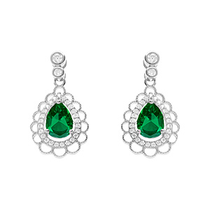 Boucles d'oreille tige en argent rhodi� goutte verte et halo d'oxydes