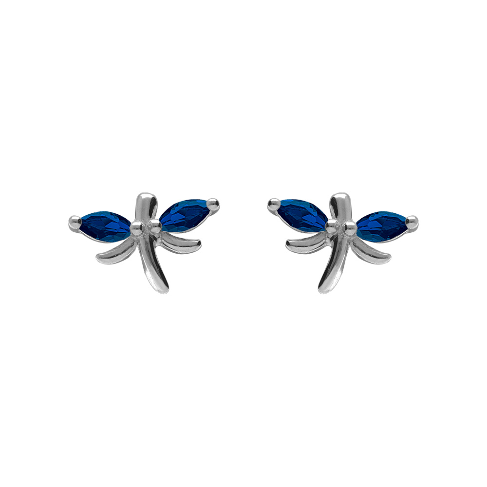 Boucles d\'oreille tige en argent rhodi� libellule oxydes bleu fonc� sertis - Vue 1