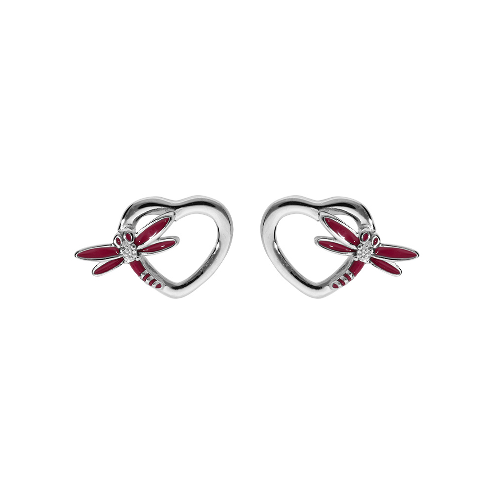 Boucles d\'oreille tige en argent rhodi�, libelulle r�sine rose - Vue 1