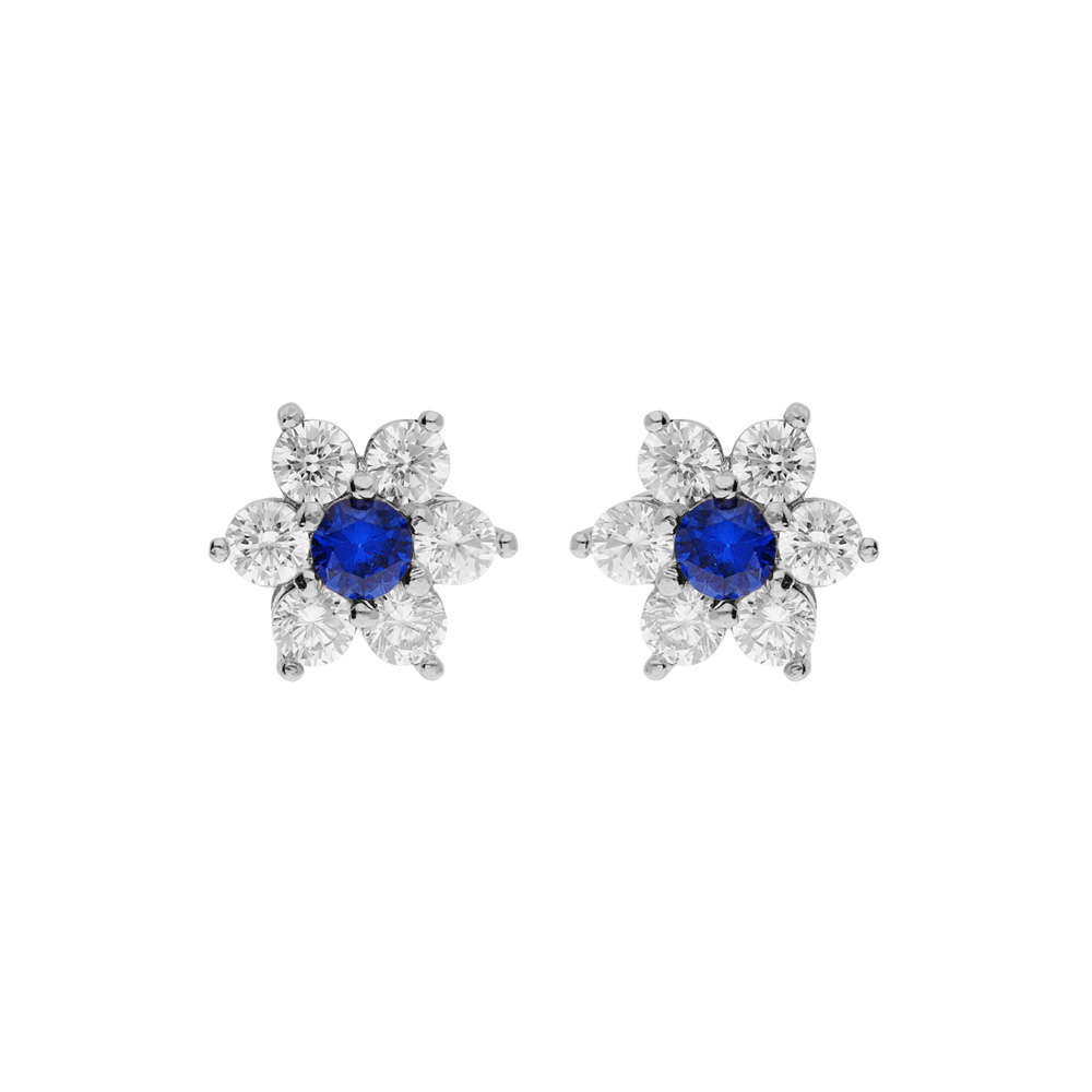 Boucles d\'oreille tige en argent rhodi marguerite oxydes centre bleu fonc et contour blancs sertis - Vue 1