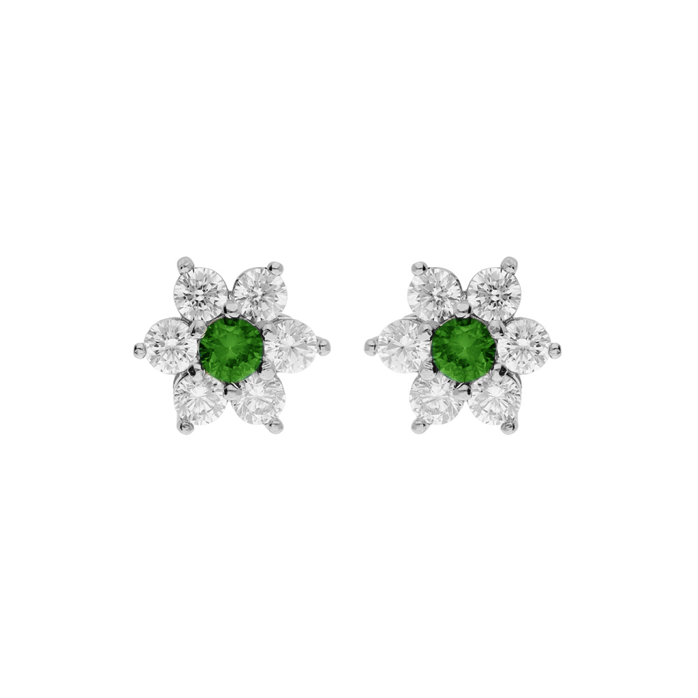 Boucles d\'oreille tige en argent rhodi marguerite oxydes centre vert et contour blancs sertis - Vue 1
