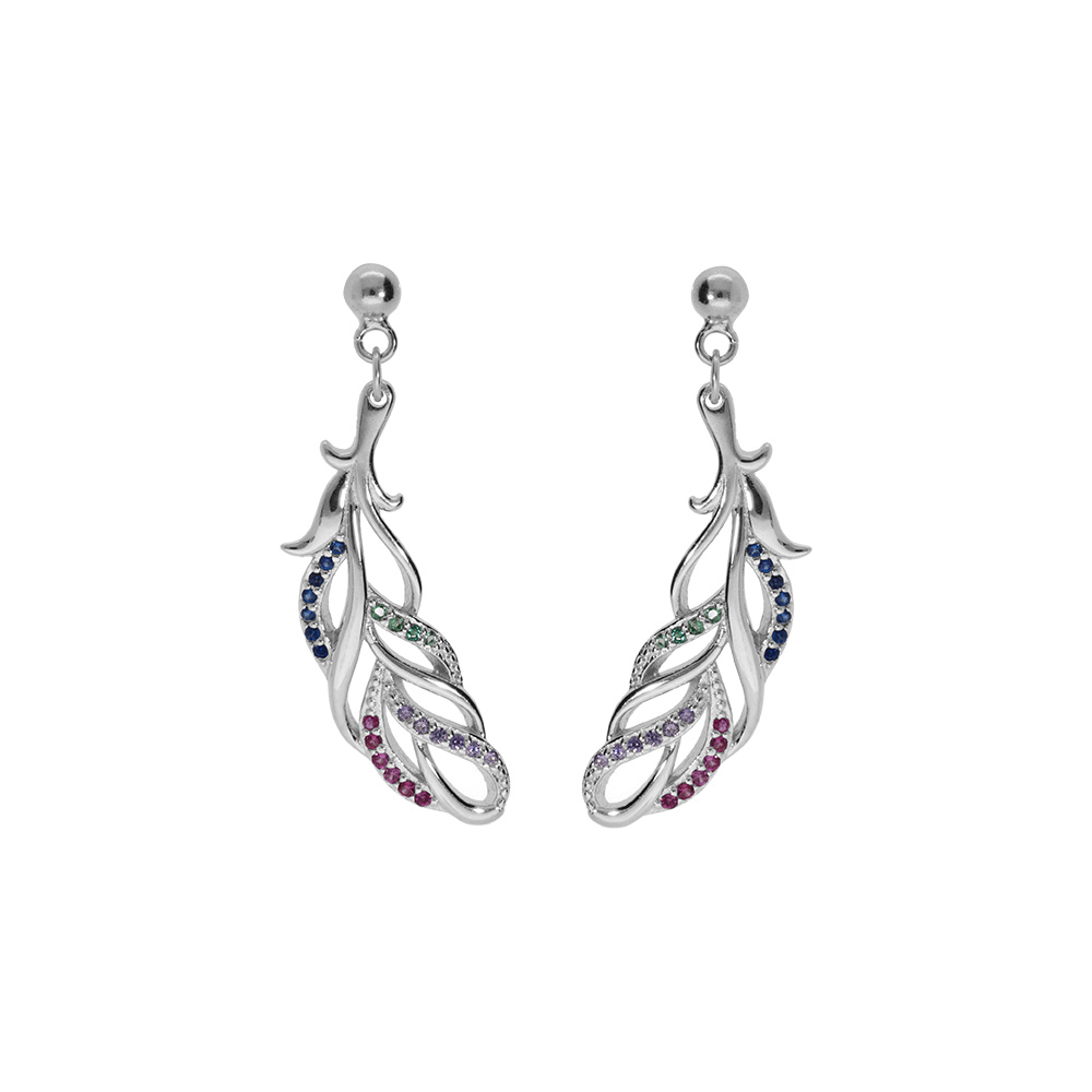 Boucles d\'oreille tige en argent rhodi� motif feuillage avec oxydes multi couleurs - Vue 1