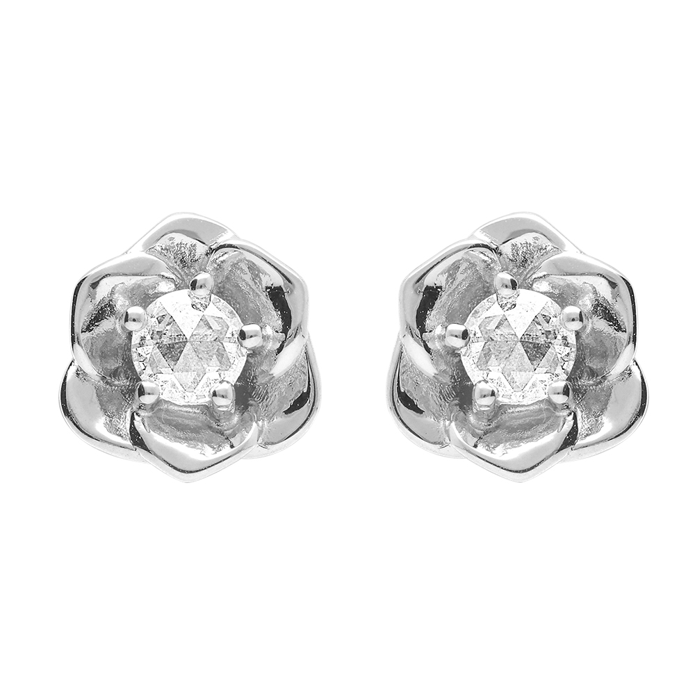 Boucles d\'oreille tige en argent rhodi� motif fleur de 8.2mm d\'oxydes taill�s en rose blanc sertis - Vue 1