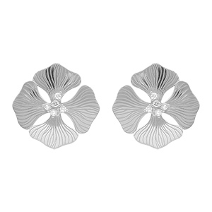 Boucles d'oreille tige en argent rhodi� motif fleur et oxydes blancs