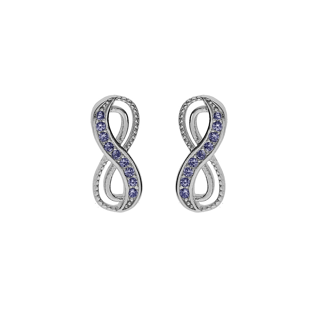 Boucles d\'oreille tige en argent rhodi�, motif infini avec oxydes bleu clair sertis - Vue 1