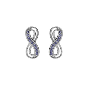 Boucles d\'oreille tige en argent rhodi, motif infini avec oxydes bleu clair sertis - Vue 1