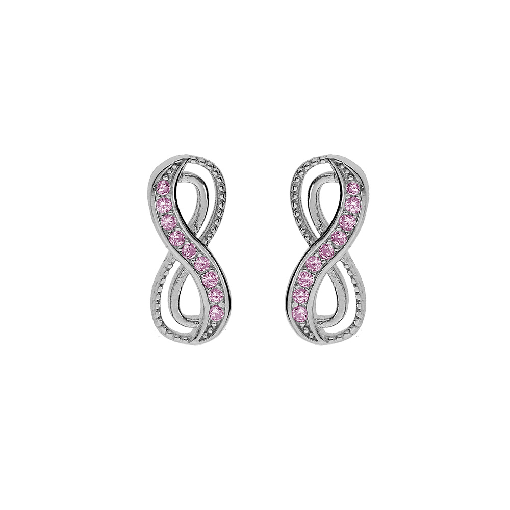 Boucles d\'oreille tige en argent rhodi�, motif infini avec oxydes rose sertis - Vue 1