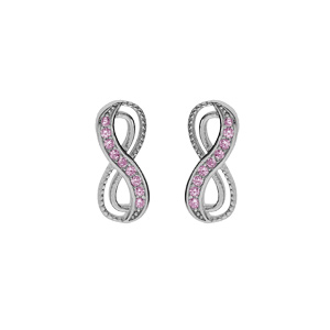 Boucles d\'oreille tige en argent rhodi, motif infini avec oxydes rose sertis - Vue 1