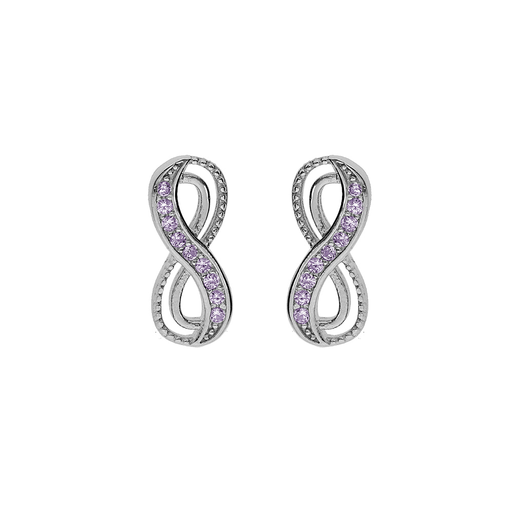 Boucles d\'oreille tige en argent rhodi�, motif infini avec oxydes violet sertis - Vue 1