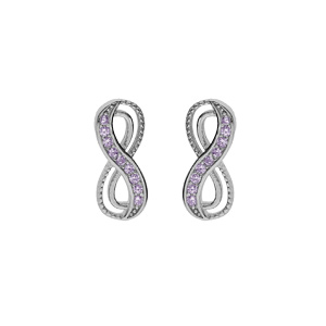 Boucles d\'oreille tige en argent rhodi, motif infini avec oxydes violet sertis - Vue 1