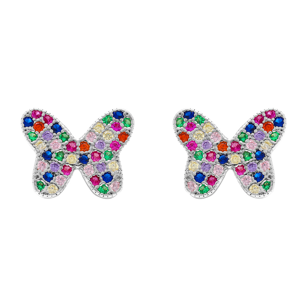 Boucles d\'oreille tige en argent rhodi� motif papillon pav� d\' oxydes multi couleurs sertis - Vue 1