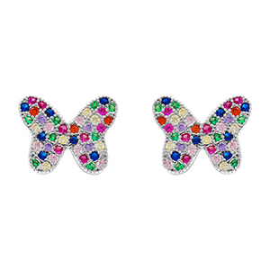 Boucles d'oreille tige en argent rhodi� motif papillon pav� d' oxydes multi couleurs sertis