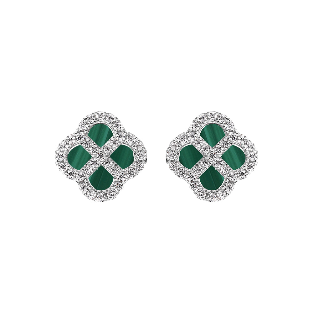 Boucles d\'oreille tige en argent rhodi� motif tr�fle malachite v�ritable contour oxydes blancs 16+3cm - Vue 1