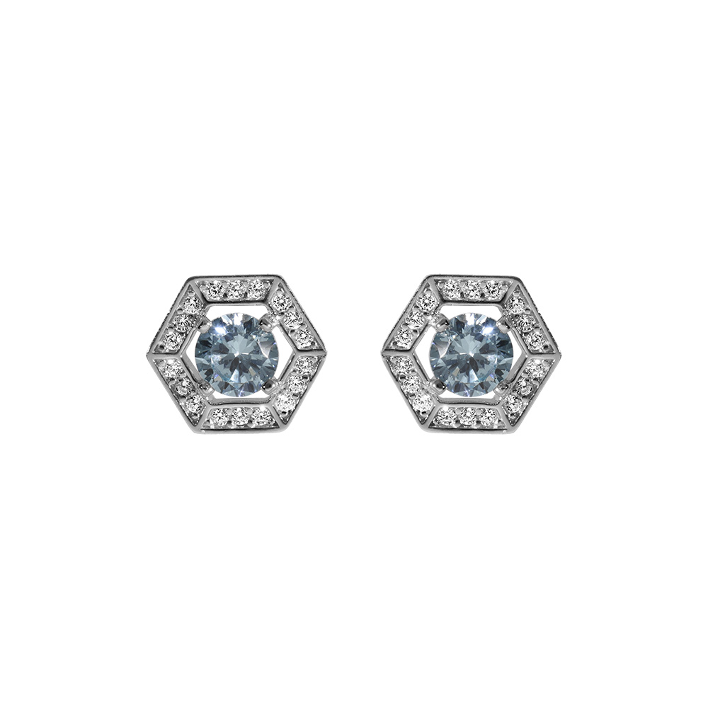 Boucles d\'oreille tige en argent rhodi� oxyde bleu ciel et contour oxydes blancs - Vue 1