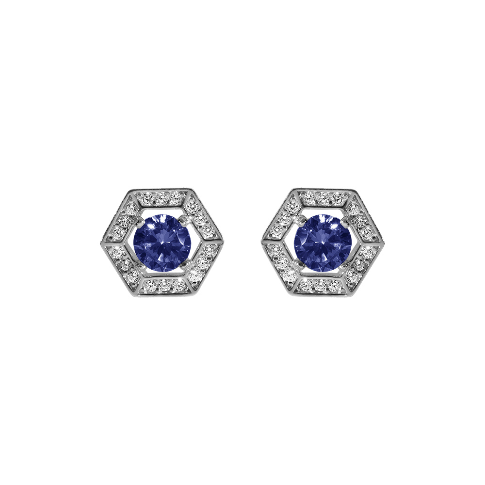 Boucles d\'oreille tige en argent rhodi� oxyde bleu et contour oxydes blancs - Vue 1