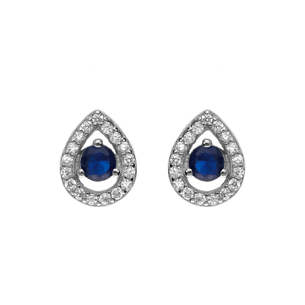Boucles d\'oreille tige en argent rhodi� oxyde bleu et contour oxydes blancs  forme ovale - Vue 1