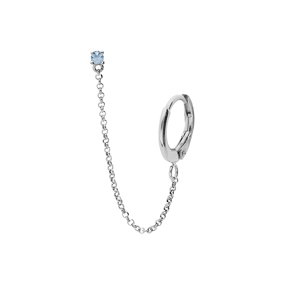 Boucles d\'oreille tige en argent rhodi oxyde bleu serti griffe avec chanette et crole sur lobe (2 trous) - Vue 1