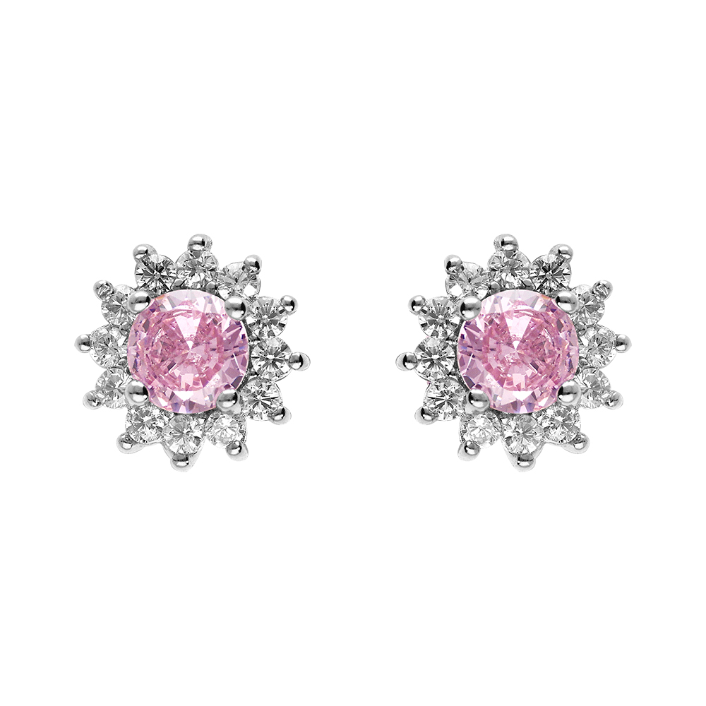 Boucles d\'oreille tige en argent rhodi� oxyde rose et contour oxydes blancs - Vue 1