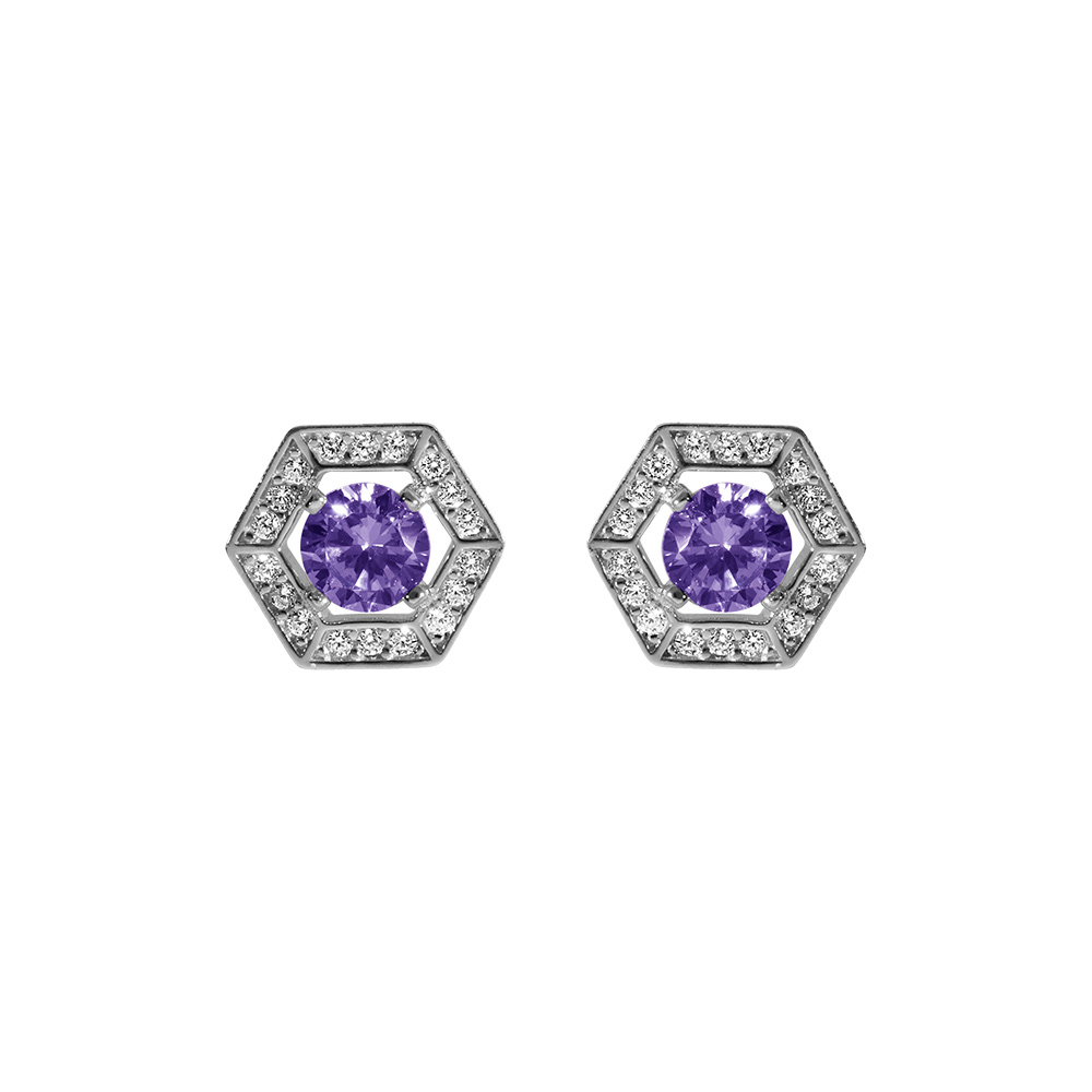 Boucles d\'oreille tige en argent rhodi oxyde violet et contour oxydes blancs - Vue 1