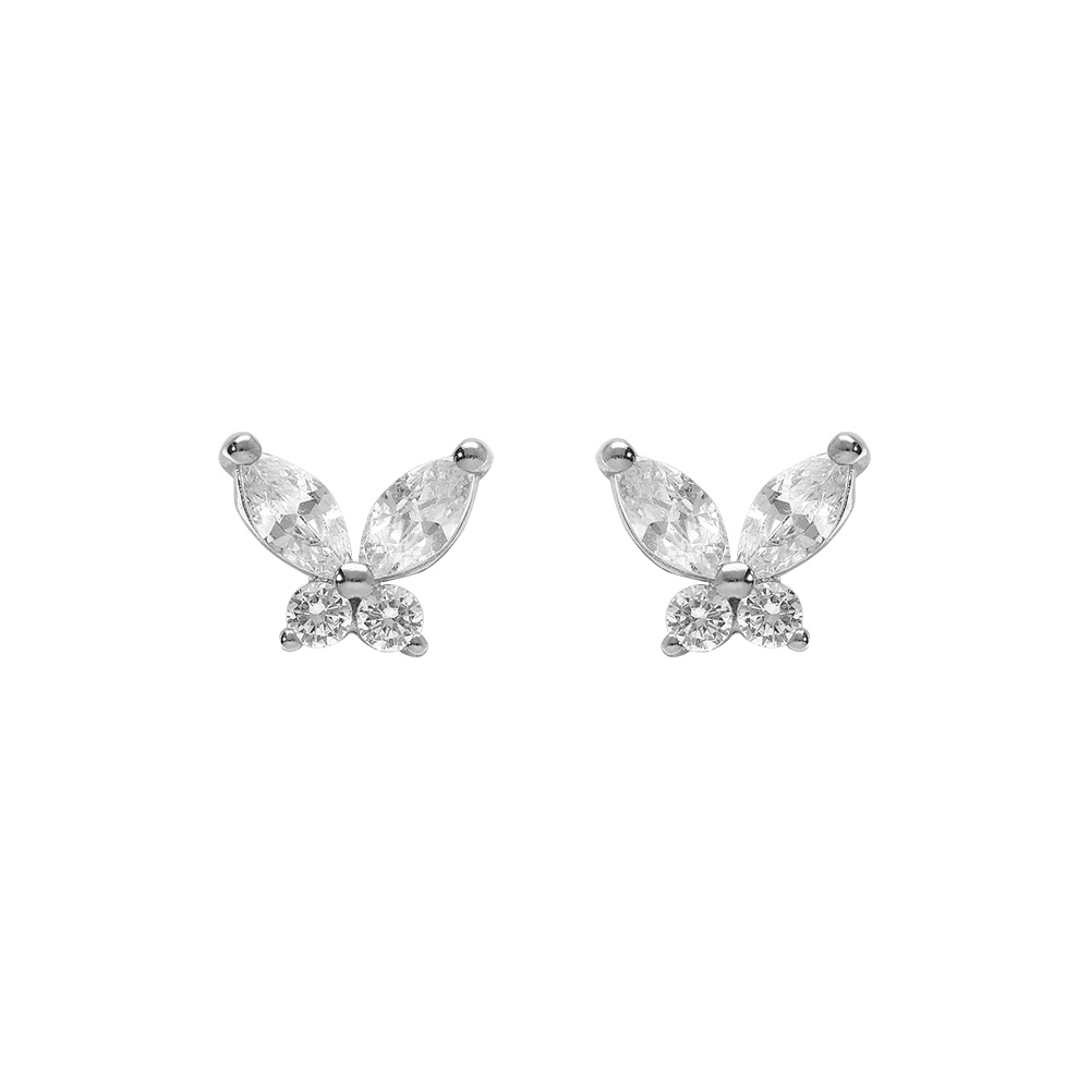Boucles d\'oreille tige, en argent rhodi� papillon oxydes blancs sertis - Vue 1