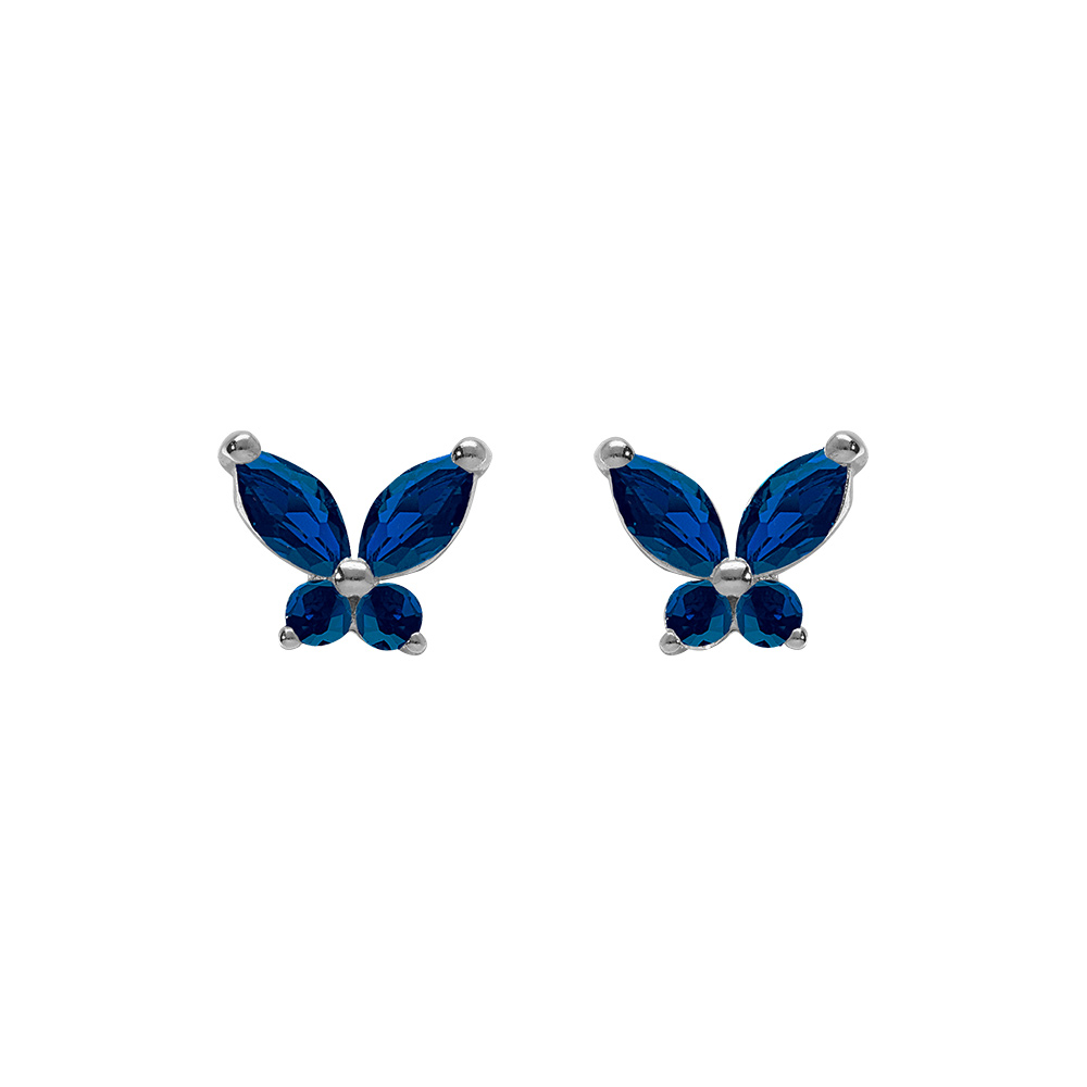 Boucles d\'oreille tige, en argent rhodi� papillon oxydes bleu fonc� sertis - Vue 1
