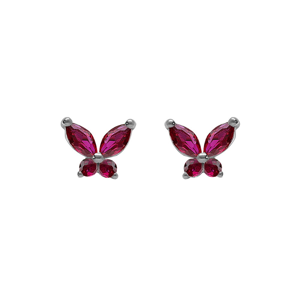 Boucles d\'oreille tige, en argent rhodi� papillon oxydes fushia sertis - Vue 1