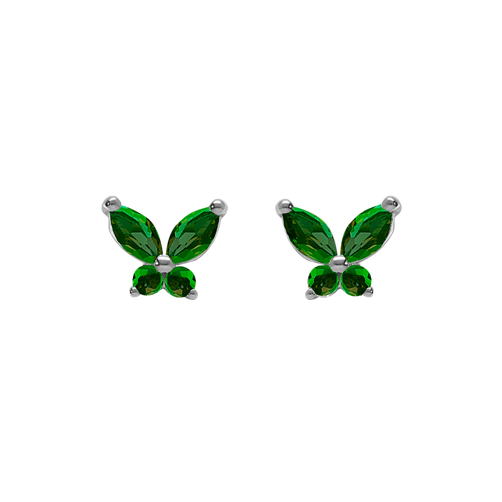Boucles d\'oreille tige, en argent rhodi� papillon oxydes vert fonc� sertis - Vue 1