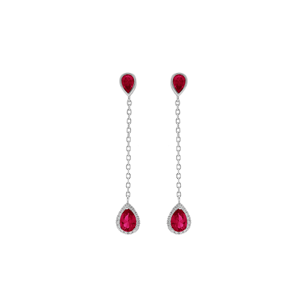 Boucles d\'oreille tige en argent rhodi pendant goutte d\'oxyde rouge entour d\'oxydes blancs - Vue 1