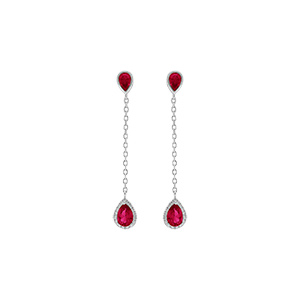 Boucles d\'oreille tige en argent rhodié pendant goutte d\'oxyde rouge entouré d\'oxydes blancs - Vue 1