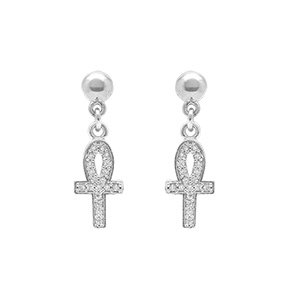 Boucles d\'oreille tige en argent rhodié pendante avec croix d\'oxydes blancs 15mm x 0.7mm - Vue 1